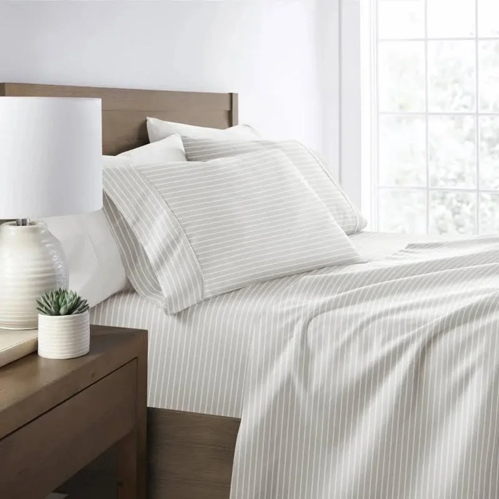 ienjoy Home Pinstriped Patterned 4-Piece Full Sheet Set- Light Grey